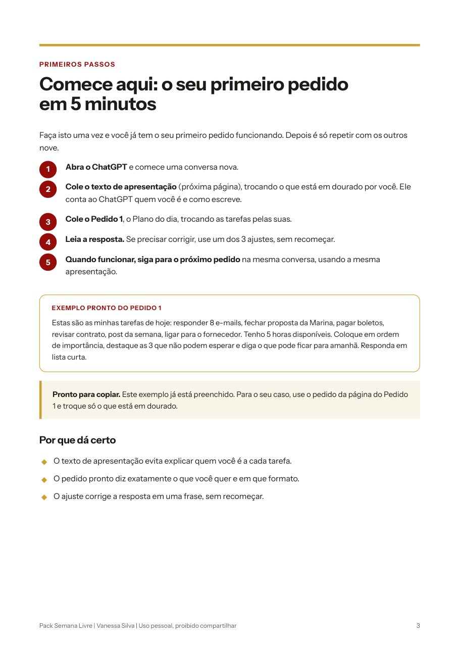 Página Comece aqui do PDF, com a primeira tarefa em 5 minutos
