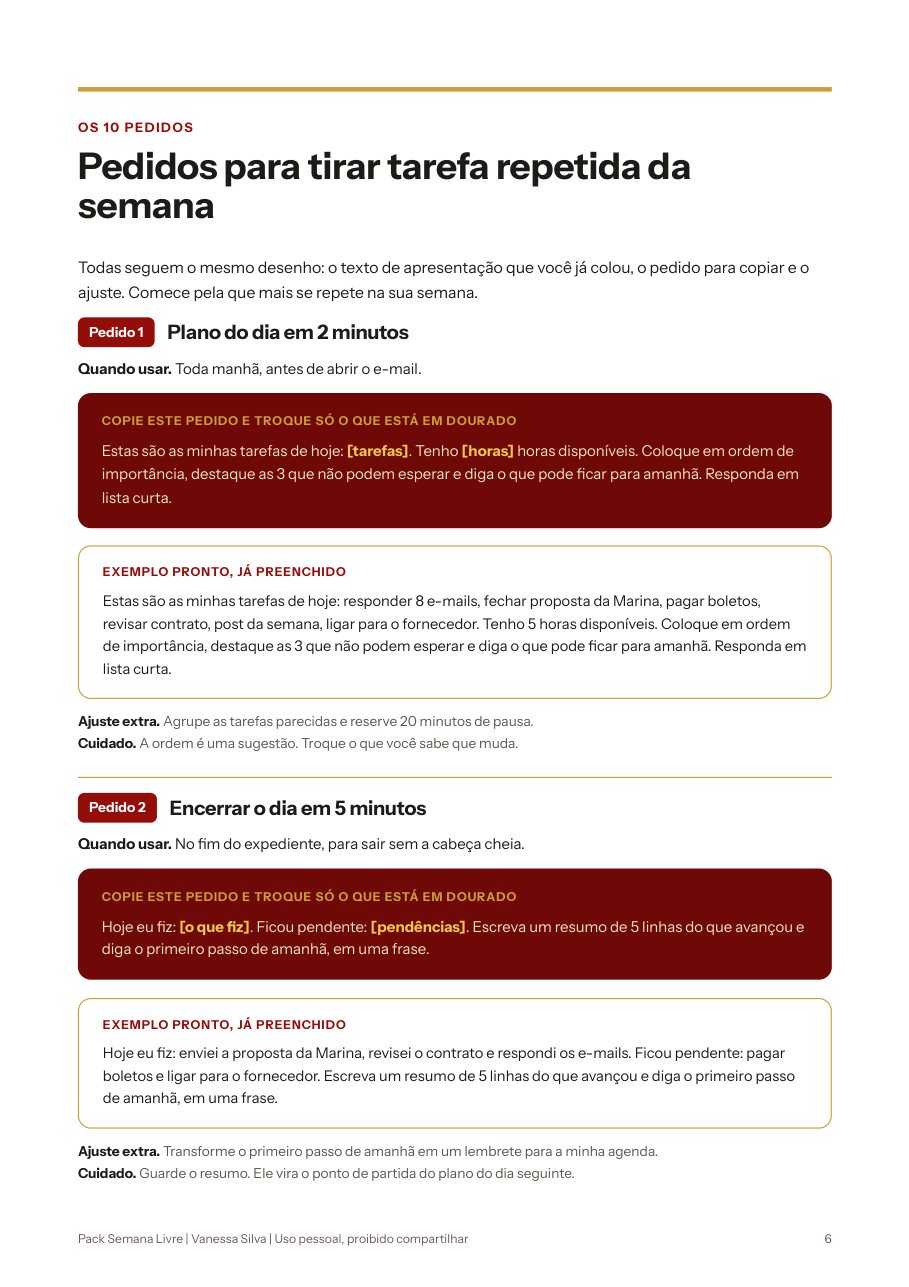 Página do PDF com dois pedidos prontos, o texto para copiar e o exemplo preenchido